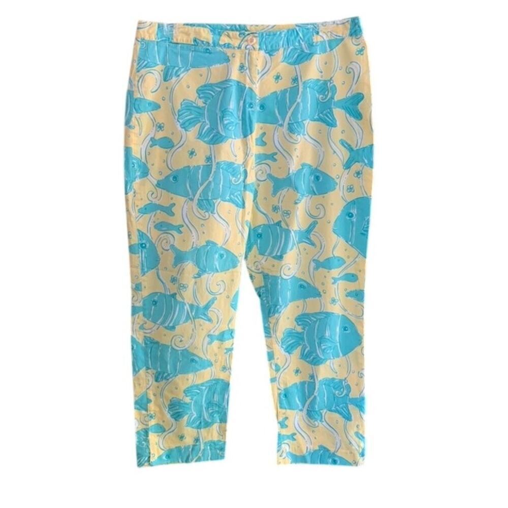 Lilly Pulitzer Blue Fish Yellow Cotton Print Ankle Pants Size 8